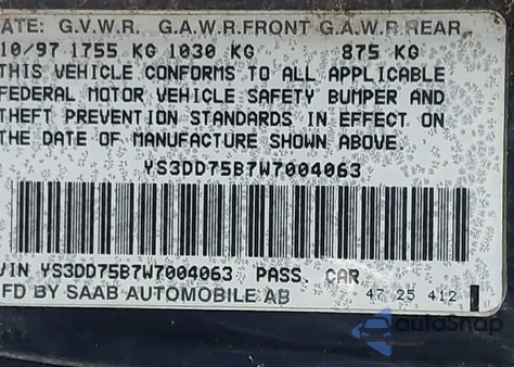 1998 Saab 900 S from USA, damaged, VIN YS3DD75B7W7004063